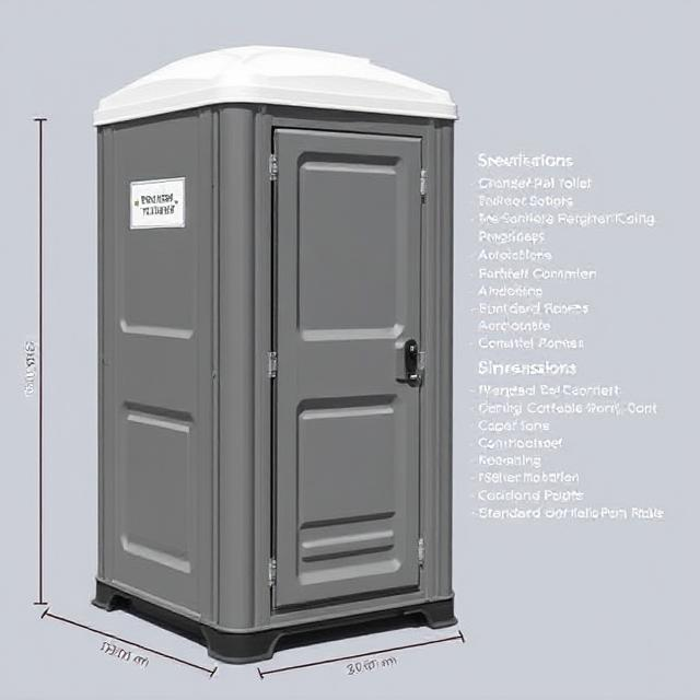 Standard portable toilet with specifications and measurement labels showing dimensions and features